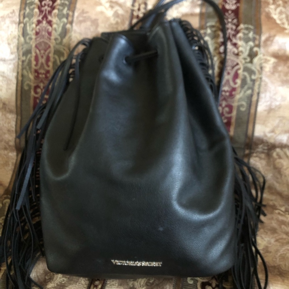 Victoria's Secret  Women’s Backpack With Fringe Pull String Faux Leather  Black - Picture 8 of 8